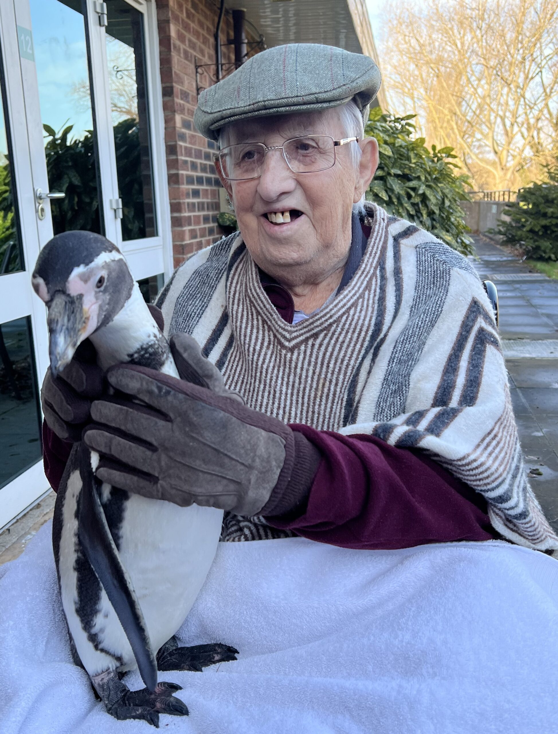 Mr Ken Dorsett picking up a penguin