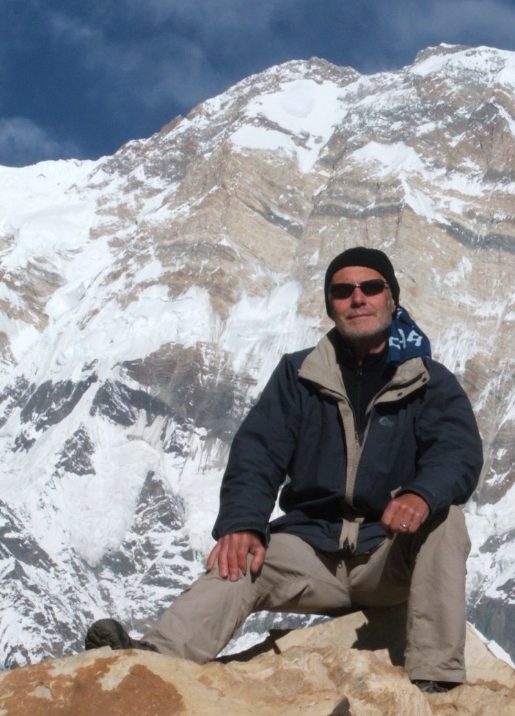 Reg Harris sat above the Annapurna Base-Camp in the Himalayas